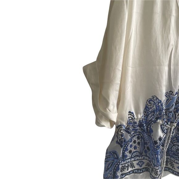 MASSIMO DUTTI Boho Print Silk Oversized V-Neck Blouse Ivory Blue 36 - Picture 2 of 8